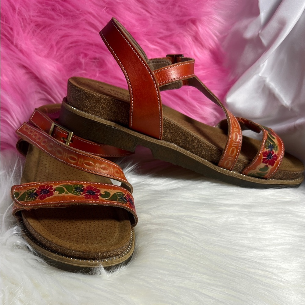 Naot Brown and Orange Embroidered Sandals